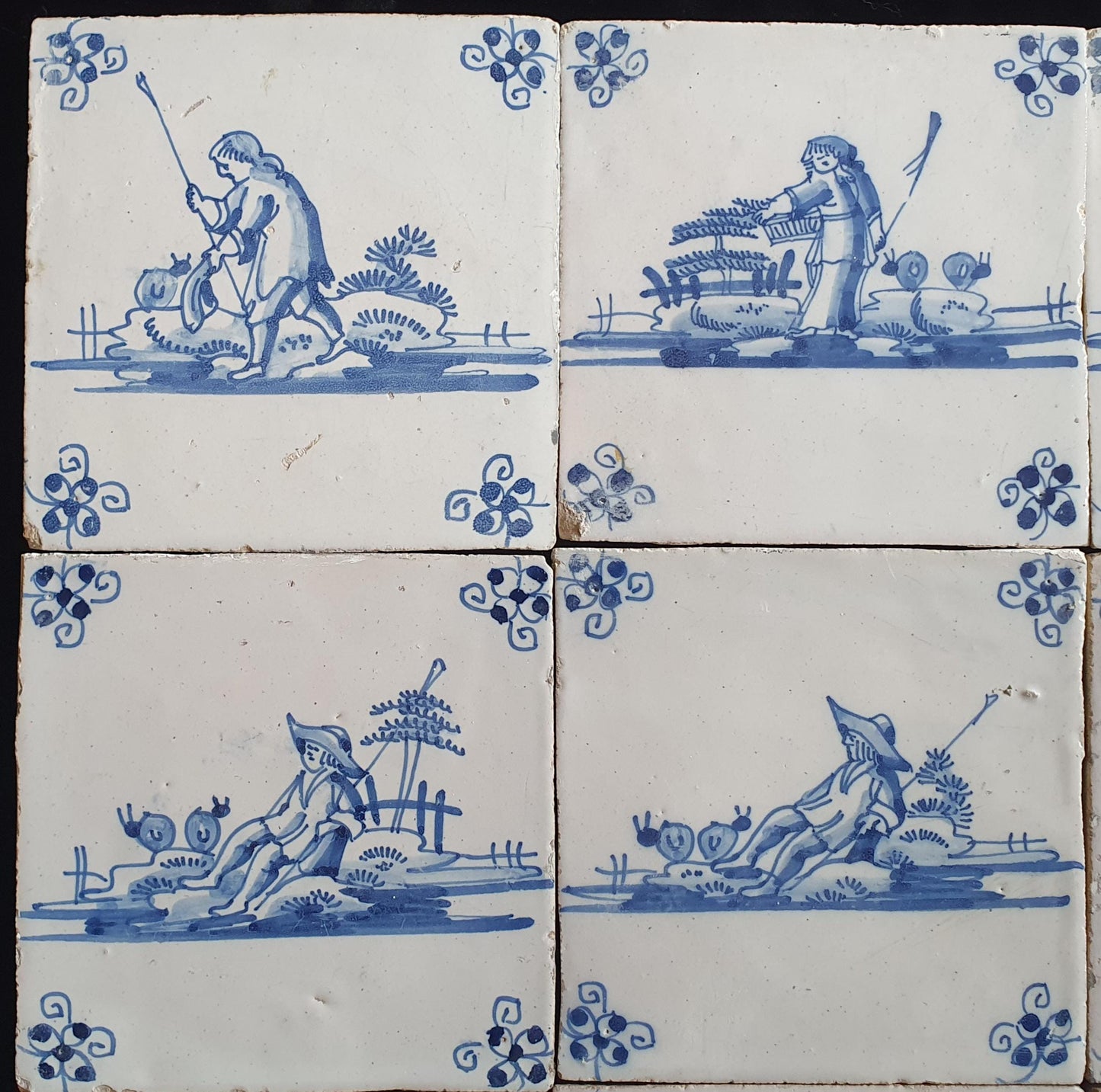 Antique Delft Tiles, 18th Century Dutch Shepherd Scene, Set of 9