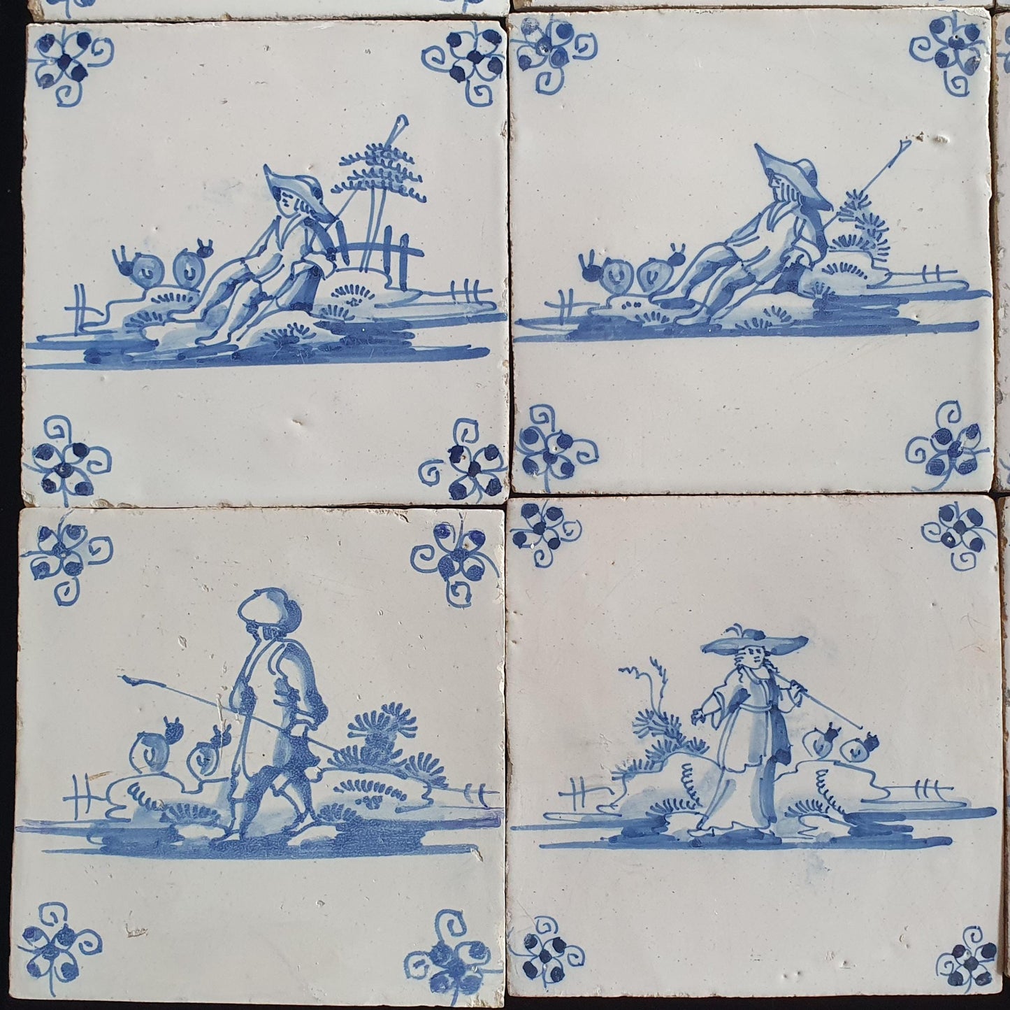 Antique Delft Tiles, 18th Century Dutch Shepherd Scene, Set of 9