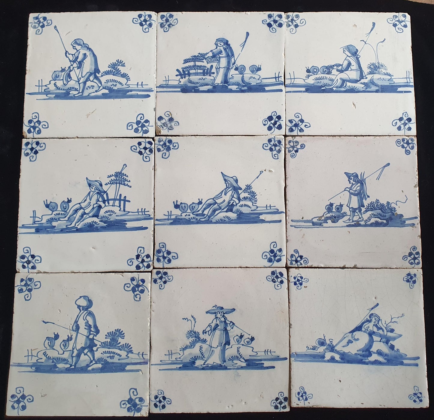 Antique Delft Tiles, 18th Century Dutch Shepherd Scene, Set of 9