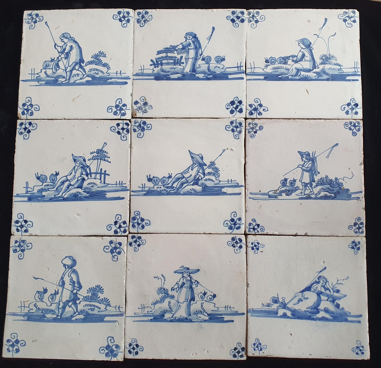 Antique Delft Tiles, 18th Century Dutch Shepherd Scene, Set of 9