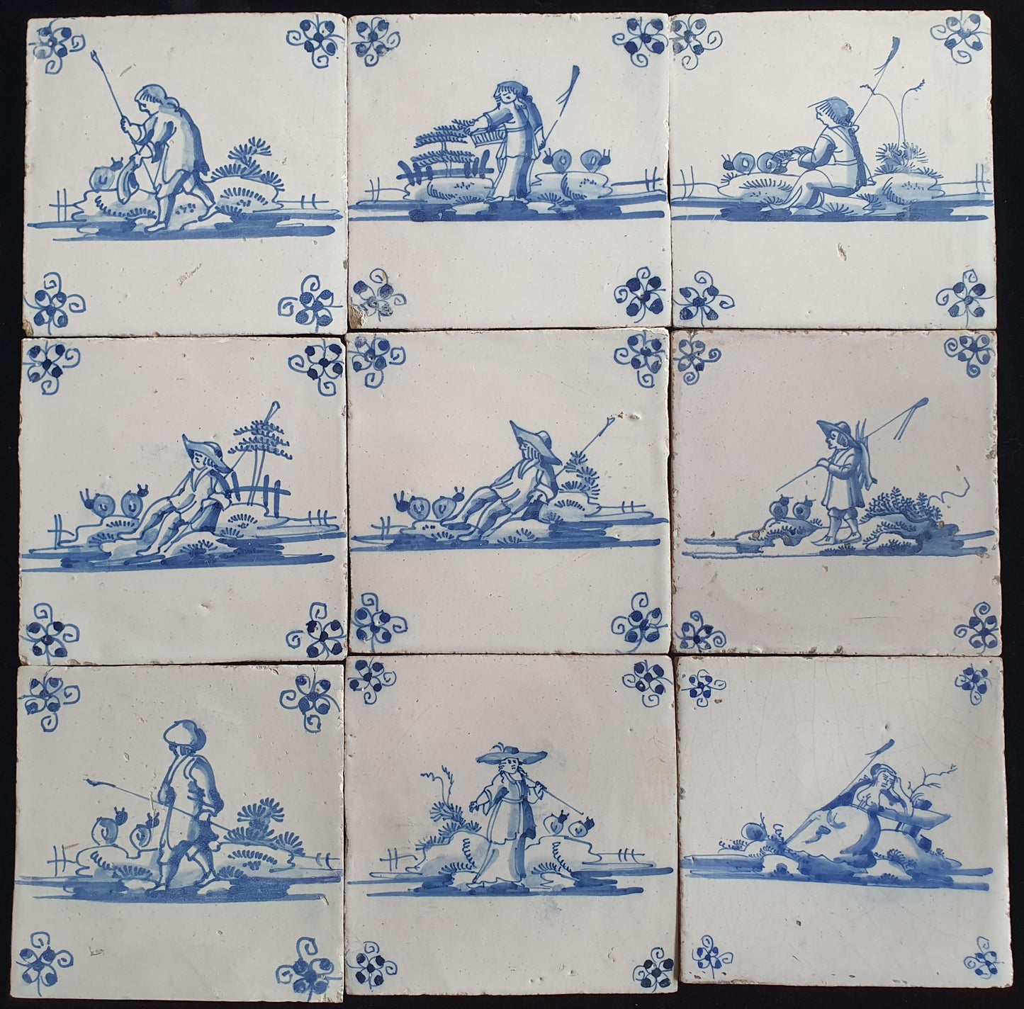 Antique Delft Tiles, 18th Century Dutch Shepherd Scene, Set of 9