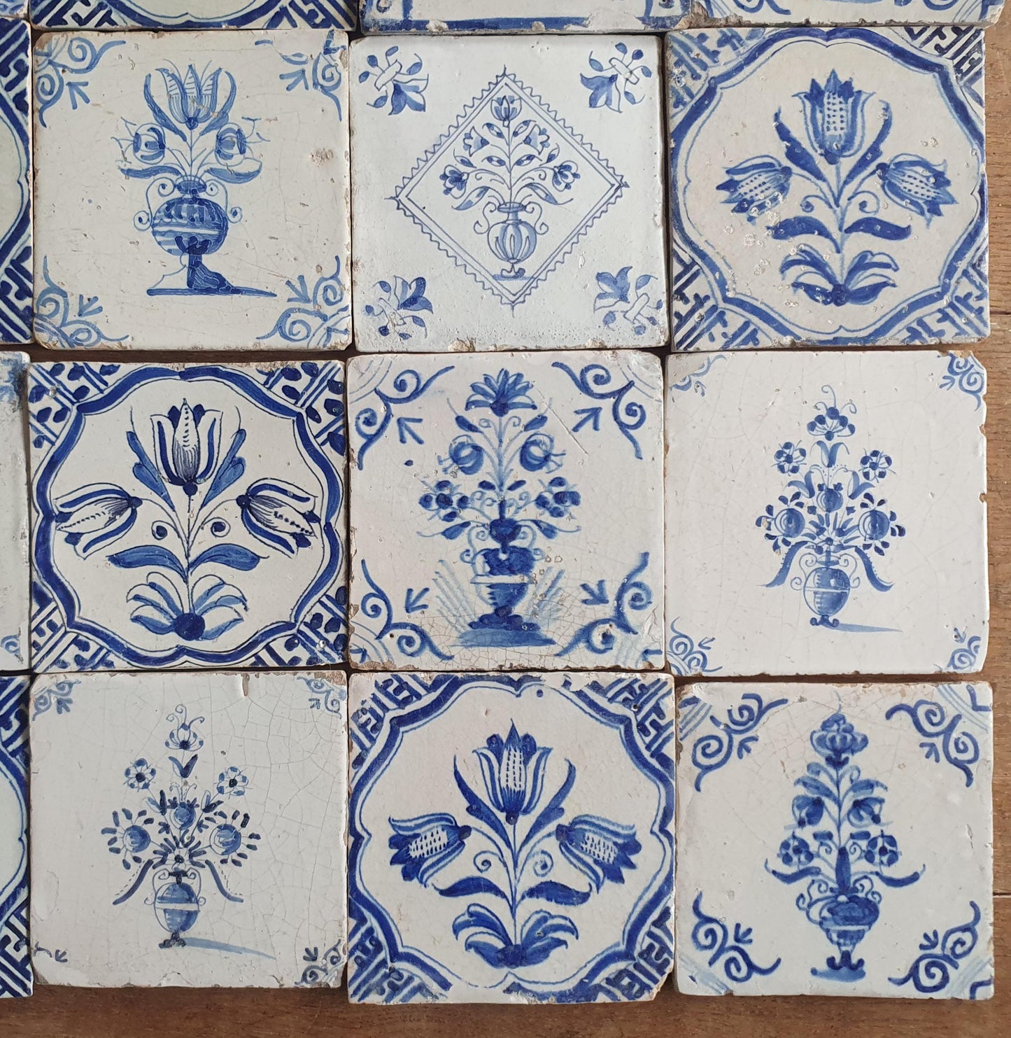 Set of 30 Antique Delft Tiles, 17th Century Dutch Tulip Vase