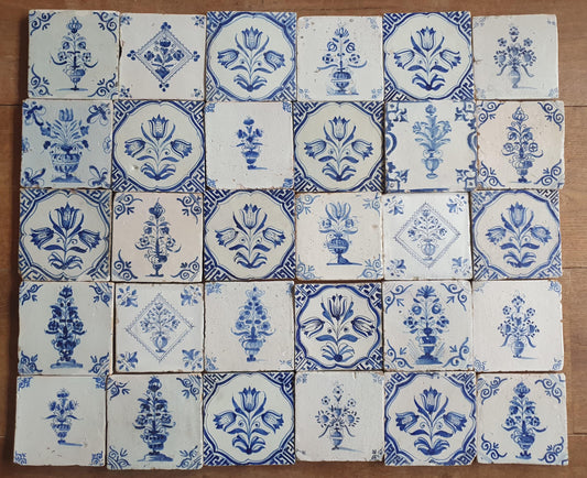 Set of 30 Antique Delft Tiles, 17th Century Dutch Tulip Vase
