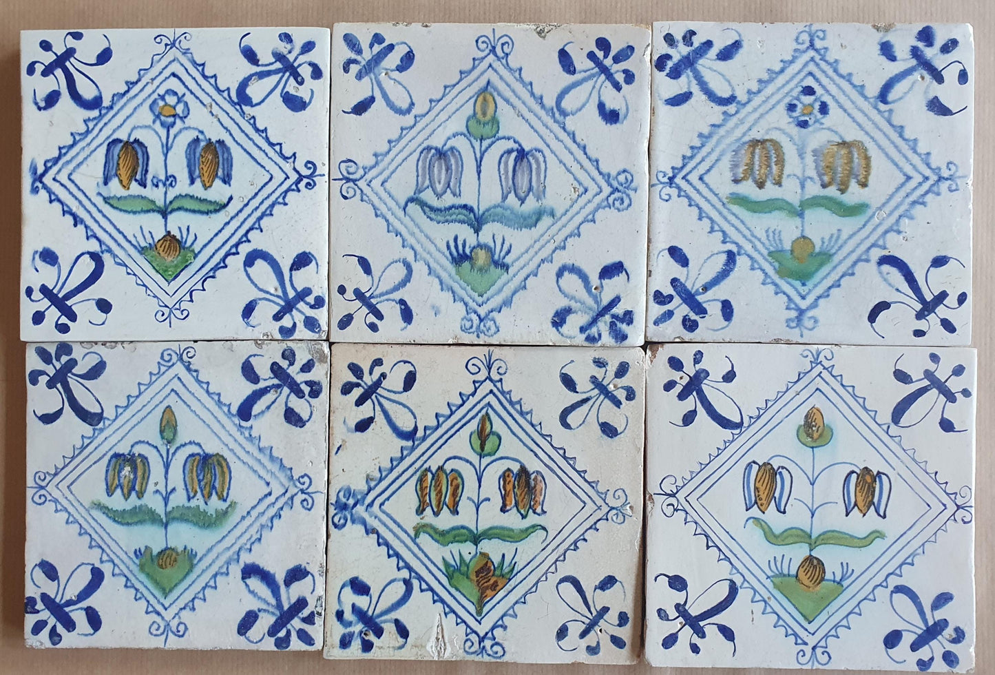 Antique Delft flowers Tiles, 17th Century Dutch Wall Decor, Set of 6