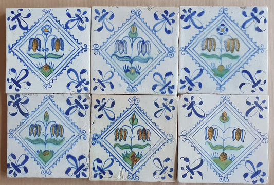 Antique Delft flowers Tiles, 17th Century Dutch Wall Decor, Set of 6