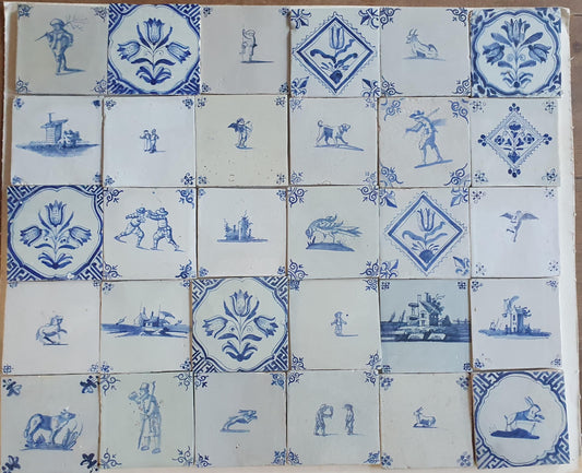17th/18th Delft tiles, a mix of antique tiles, set of 30