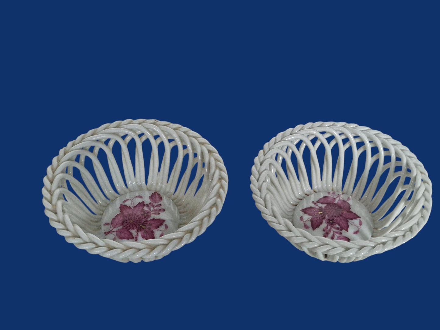 Set of 2 Herend Hungary Openwork Baskets, Apponyi Red Floral Design