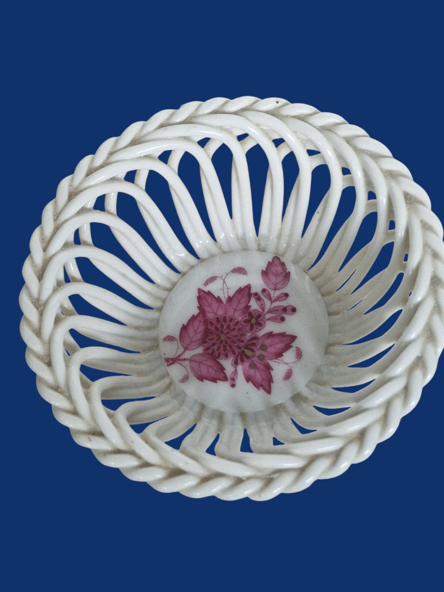 Set of 2 Herend Hungary Openwork Baskets, Apponyi Red Floral Design