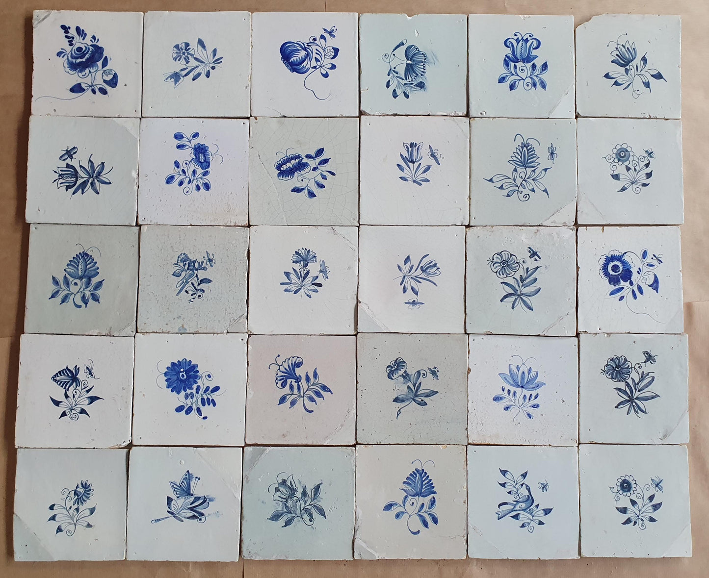 30 Antique Delft Tiles, 18th-19th Century, Floral Blue, 5.1x5.1 inch
