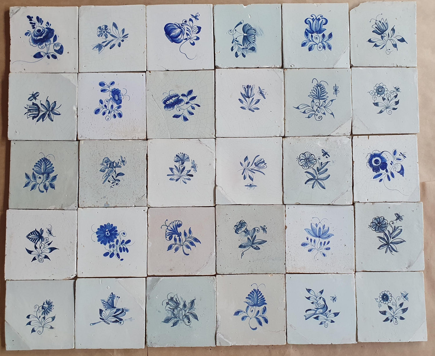30 Antique Delft Tiles, 18th-19th Century, Floral Blue, 5.1x5.1 inch