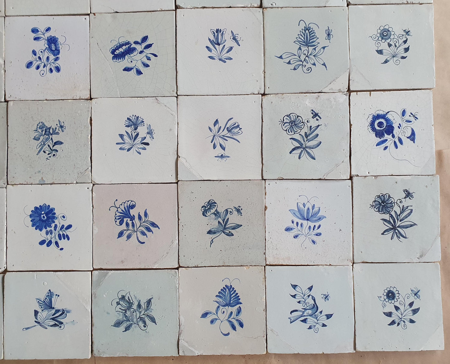 30 Antique Delft Tiles, 18th-19th Century, Floral Blue, 5.1x5.1 inch