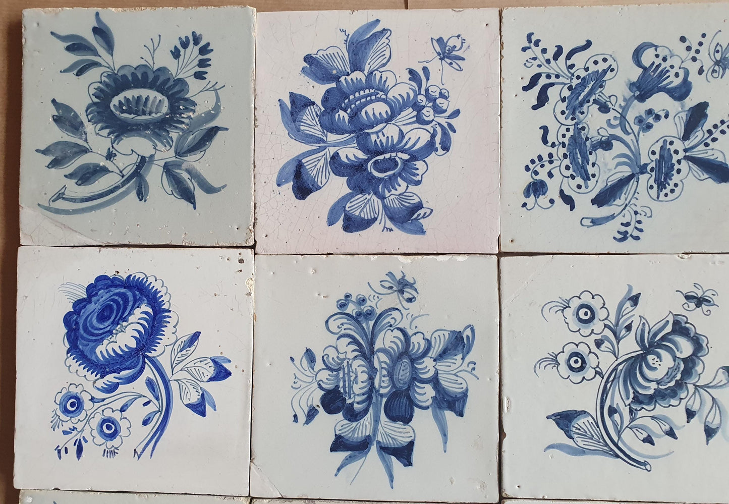 12 Antique Delft Tiles, 18th-19th Century, Floral Blue, 5.1x5.1 inch