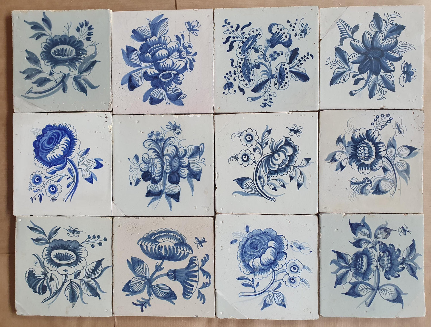 12 Antique Delft Tiles, 18th-19th Century, Floral Blue, 5.1x5.1 inch