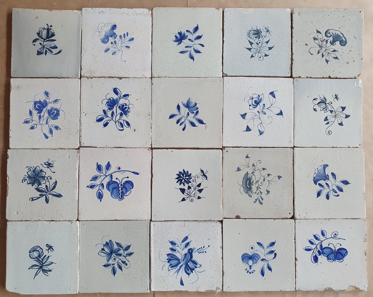 25 Antique Delft Tiles, 18th-19th Century, Floral Blue, 5.1x5.1 inch