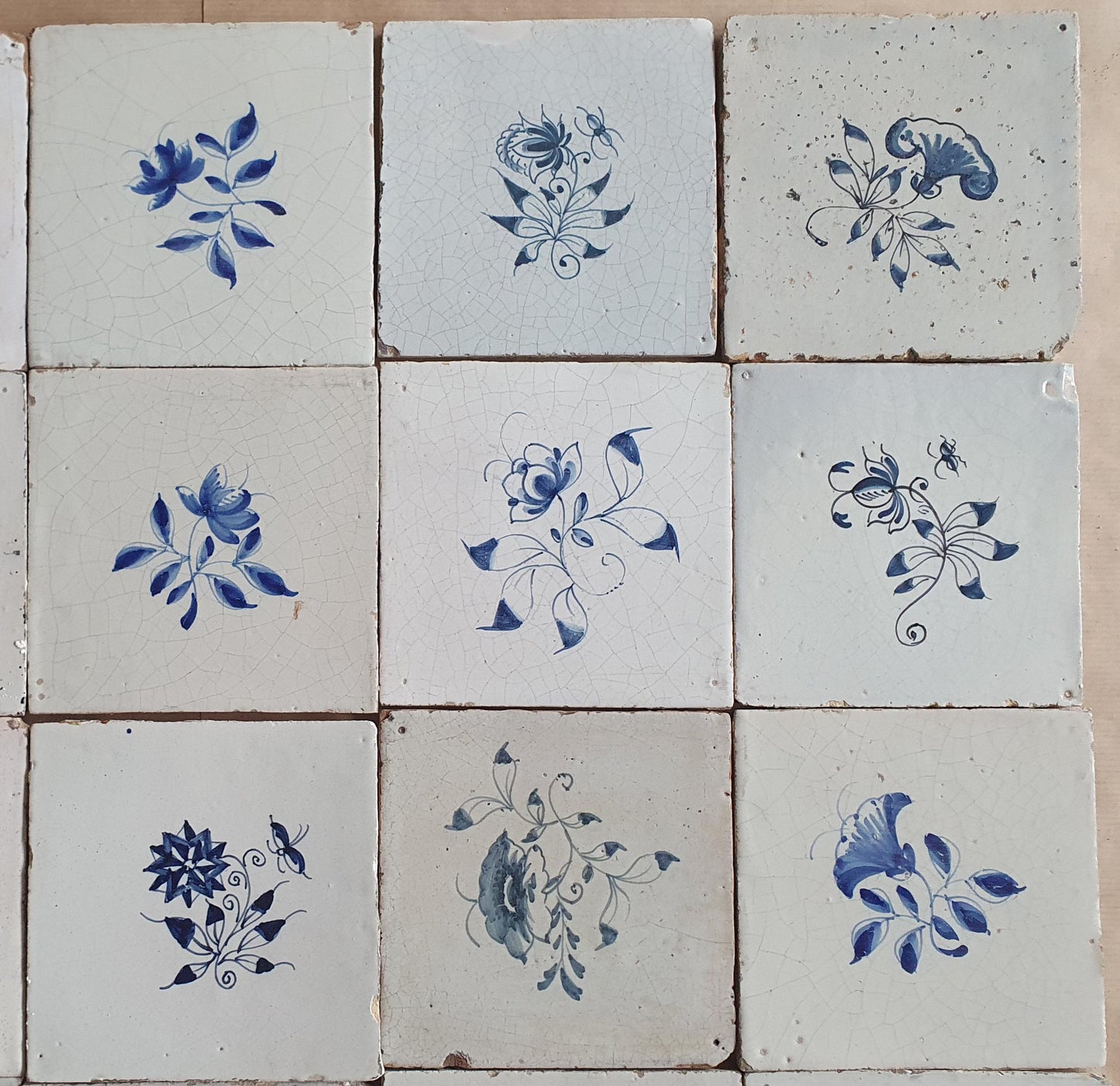 25 Antique Delft Tiles, 18th-19th Century, Floral Blue, 5.1x5.1 inch