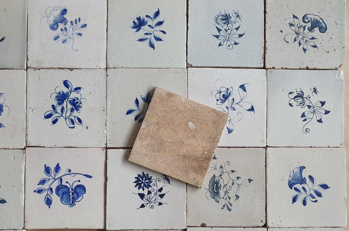 25 Antique Delft Tiles, 18th-19th Century, Floral Blue, 5.1x5.1 inch