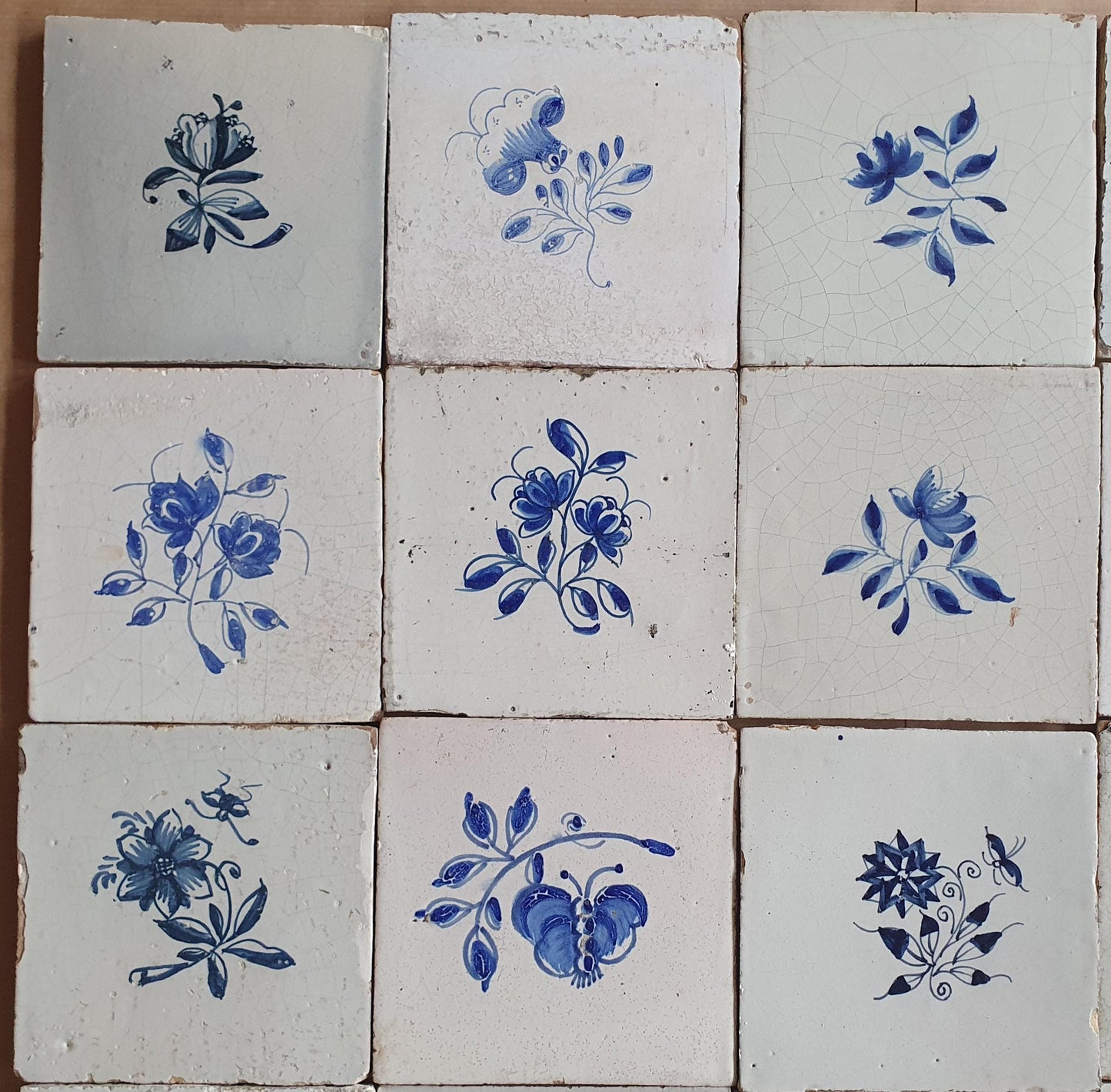 20 Antique Delft Tiles, 18th-19th Century, Floral Blue, 5.1x5.1 inch