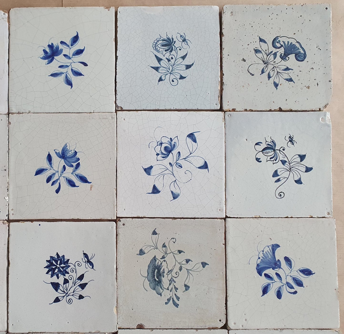 20 Antique Delft Tiles, 18th-19th Century, Floral Blue, 5.1x5.1 inch