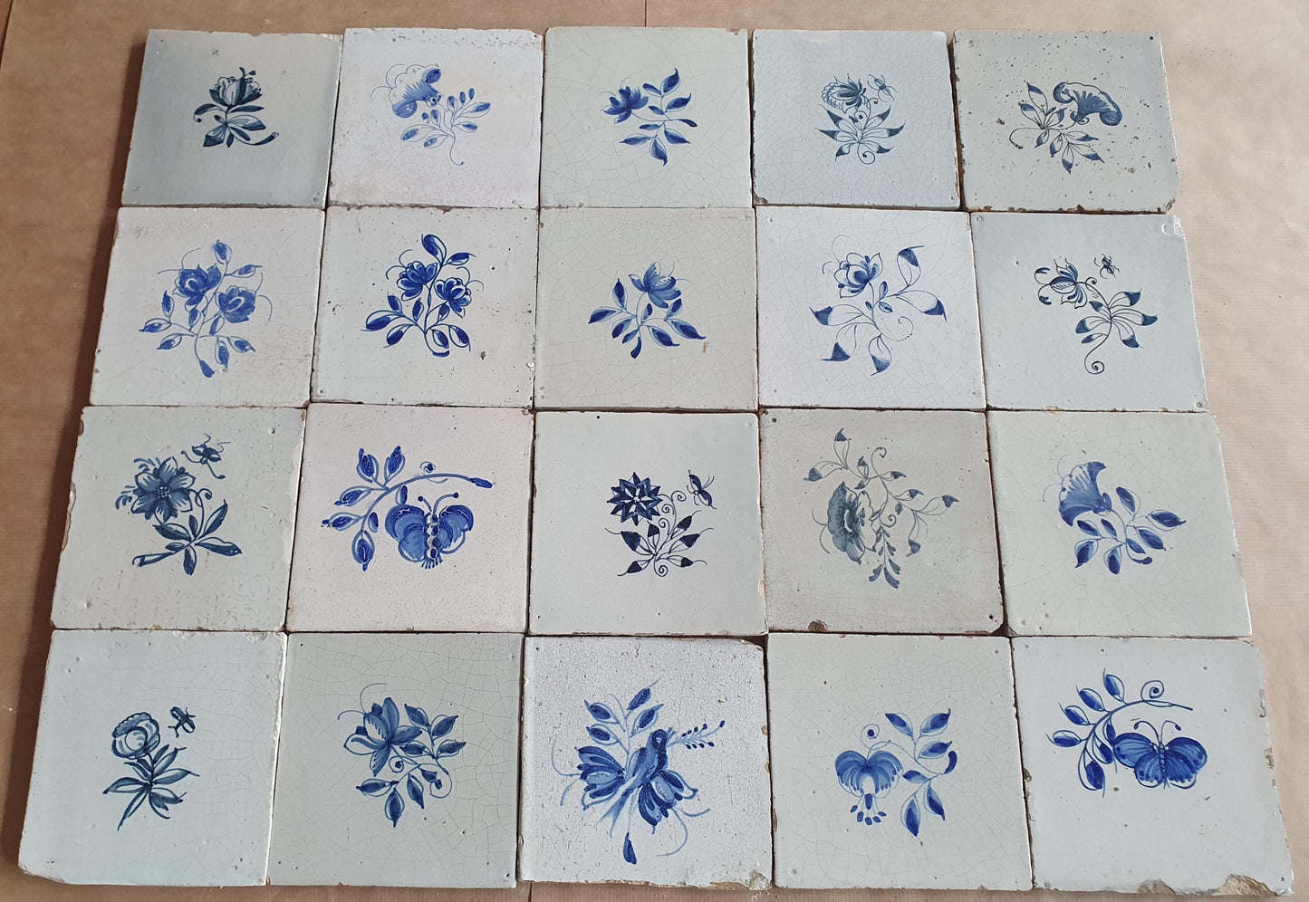 20 Antique Delft Tiles, 18th-19th Century, Floral Blue, 5.1x5.1 inch