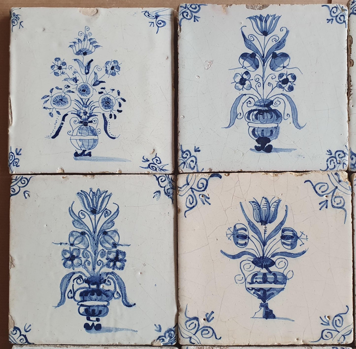 Antique Delft Tulip Tiles, 17th Century Dutch Wall Decor, Set of 9