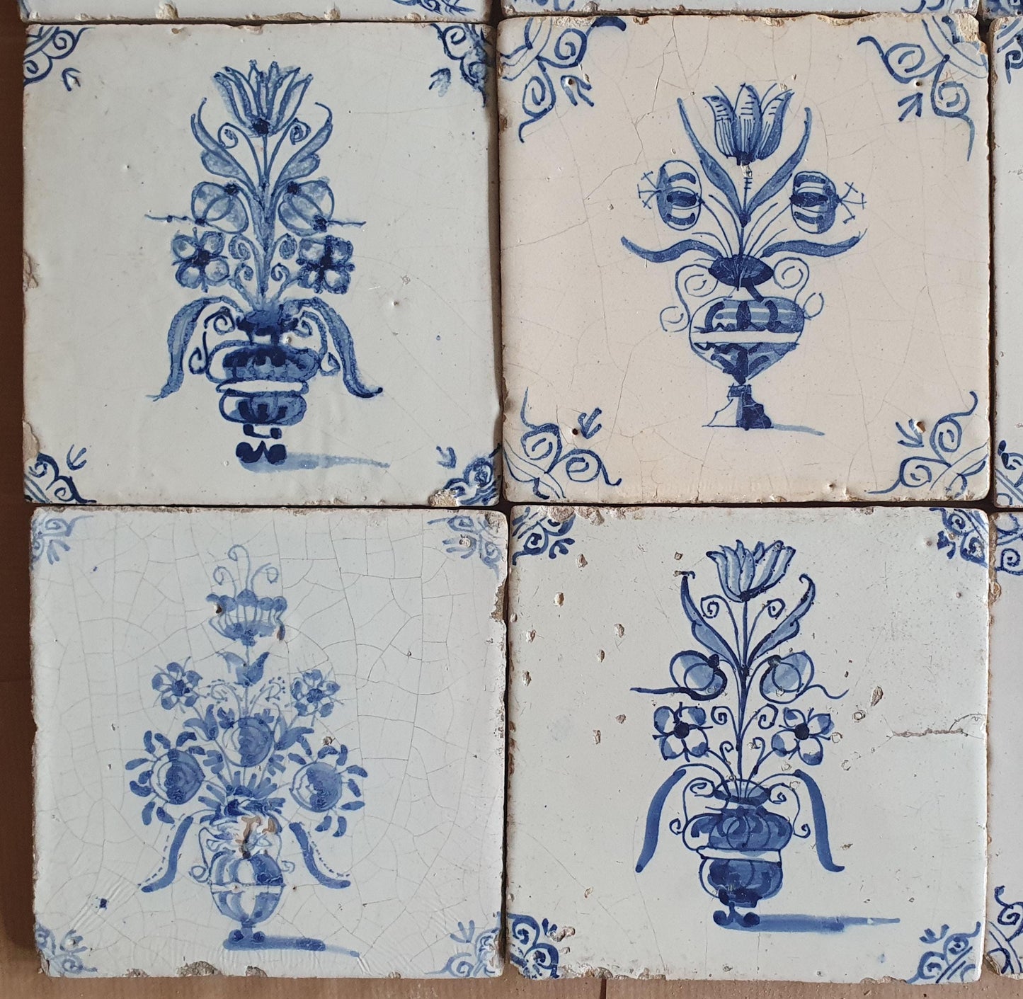 Antique Delft Tulip Tiles, 17th Century Dutch Wall Decor, Set of 9
