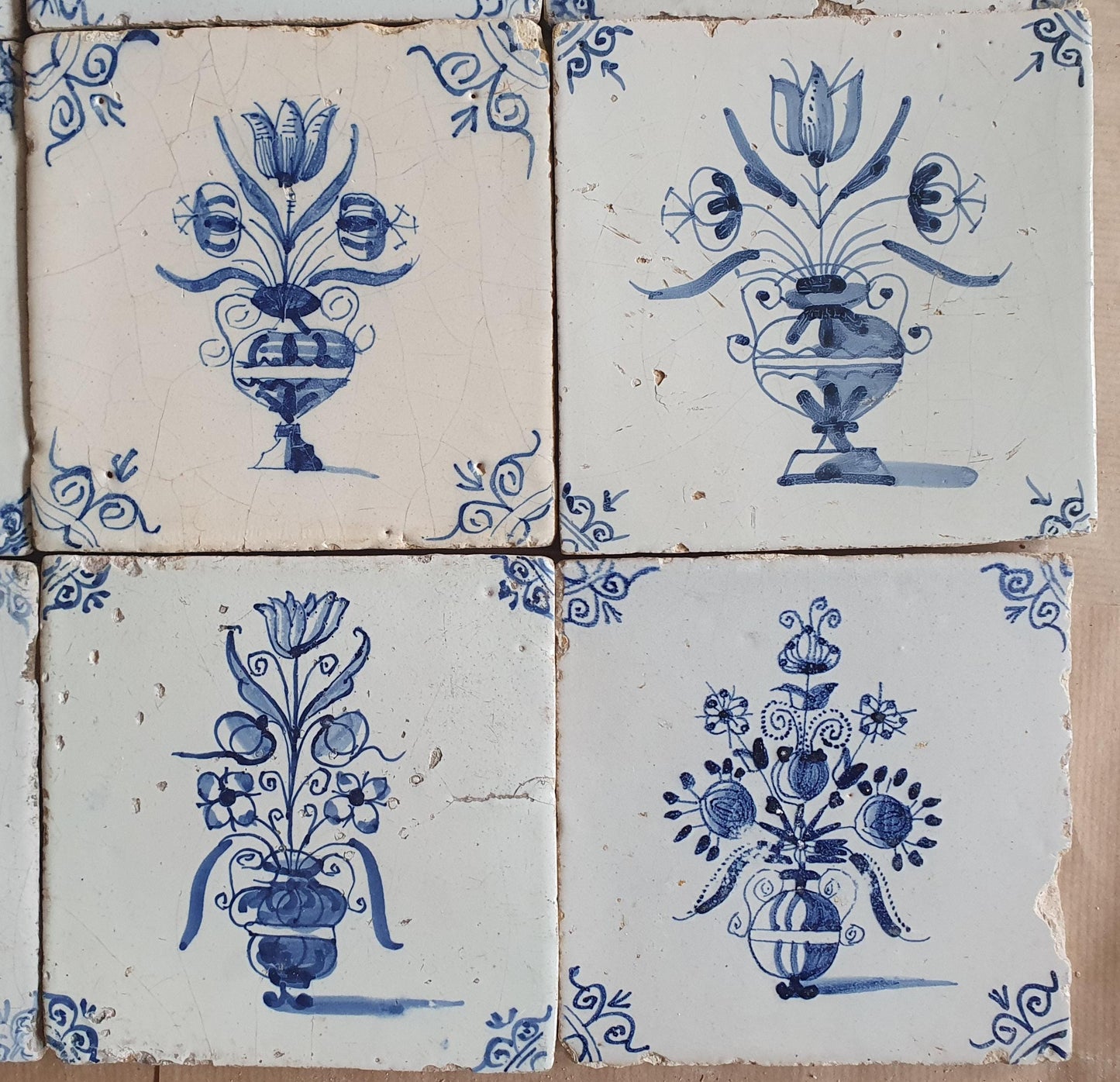 Antique Delft Tulip Tiles, 17th Century Dutch Wall Decor, Set of 9