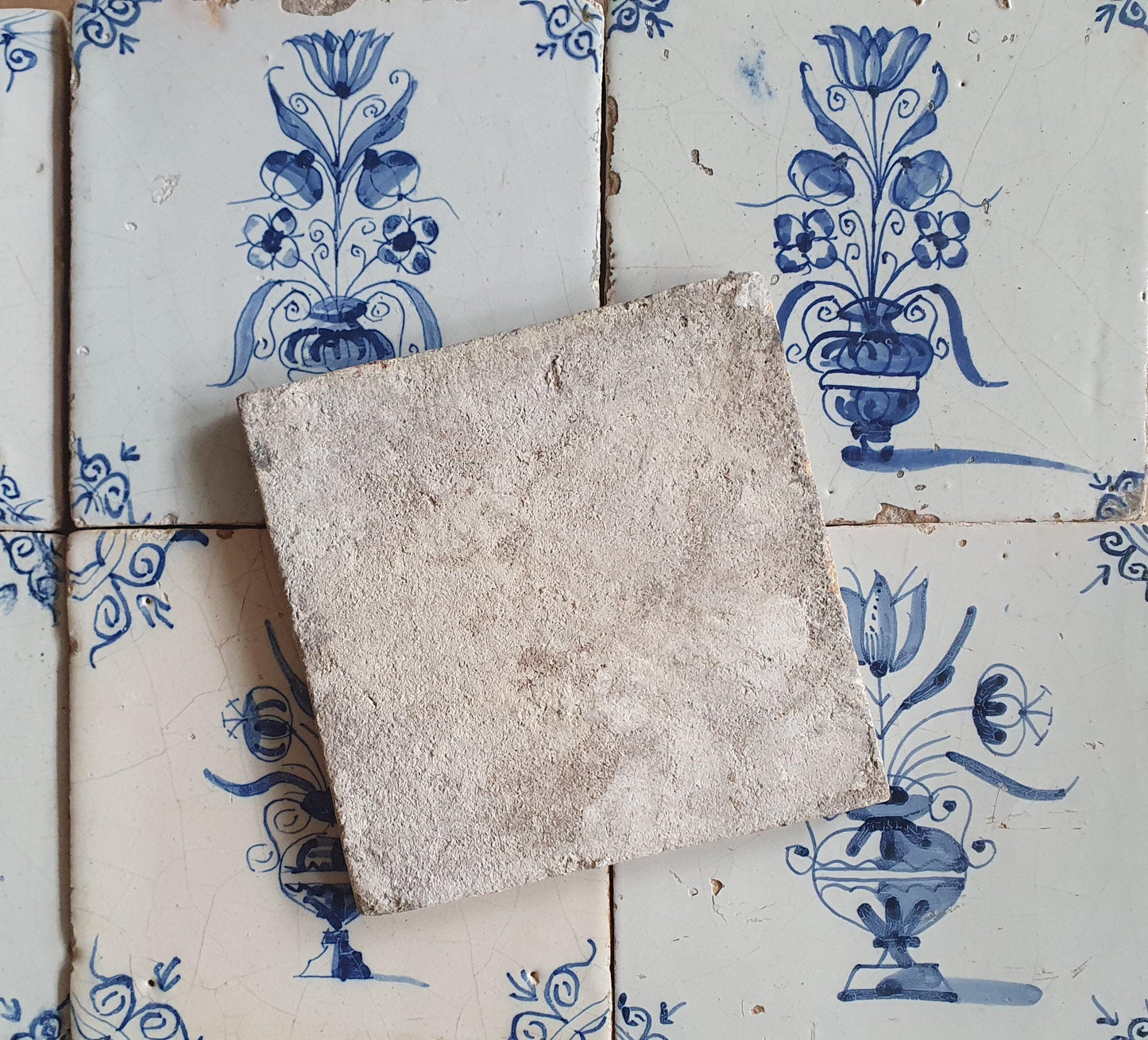 Antique Delft Tulip Tiles, 17th Century Dutch Wall Decor, Set of 9