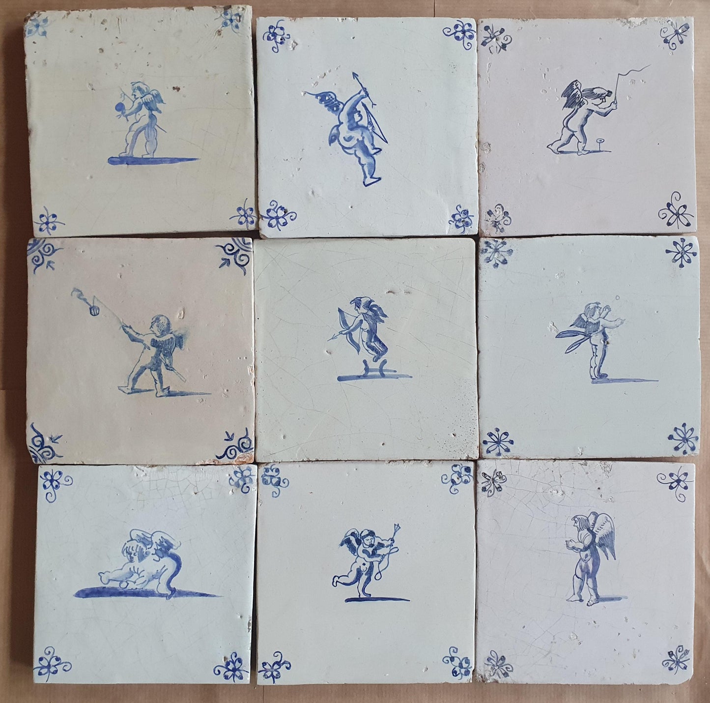 Antique Delft Tiles - 1660 Cupid Design, Holland, Set of 9