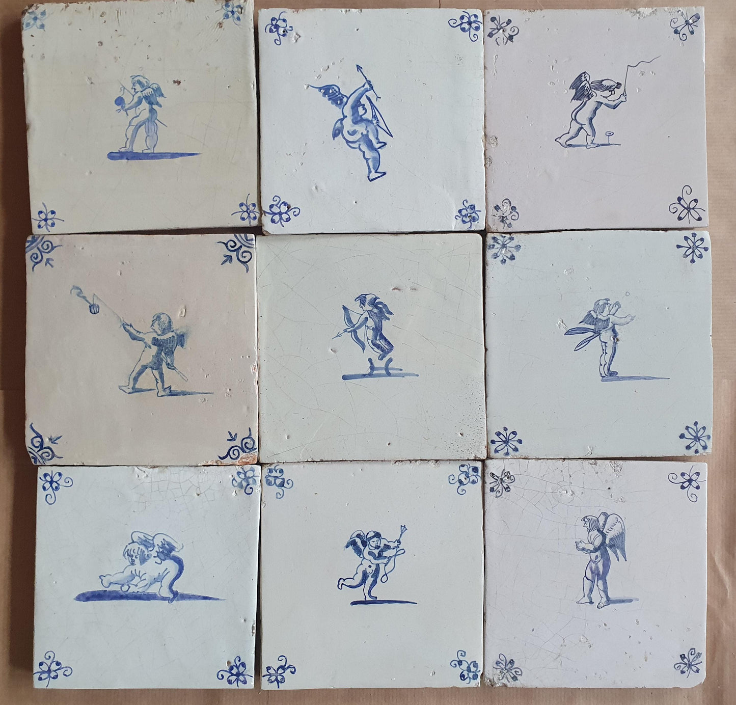 Antique Delft Tiles - 1660 Cupid Design, Holland, Set of 9