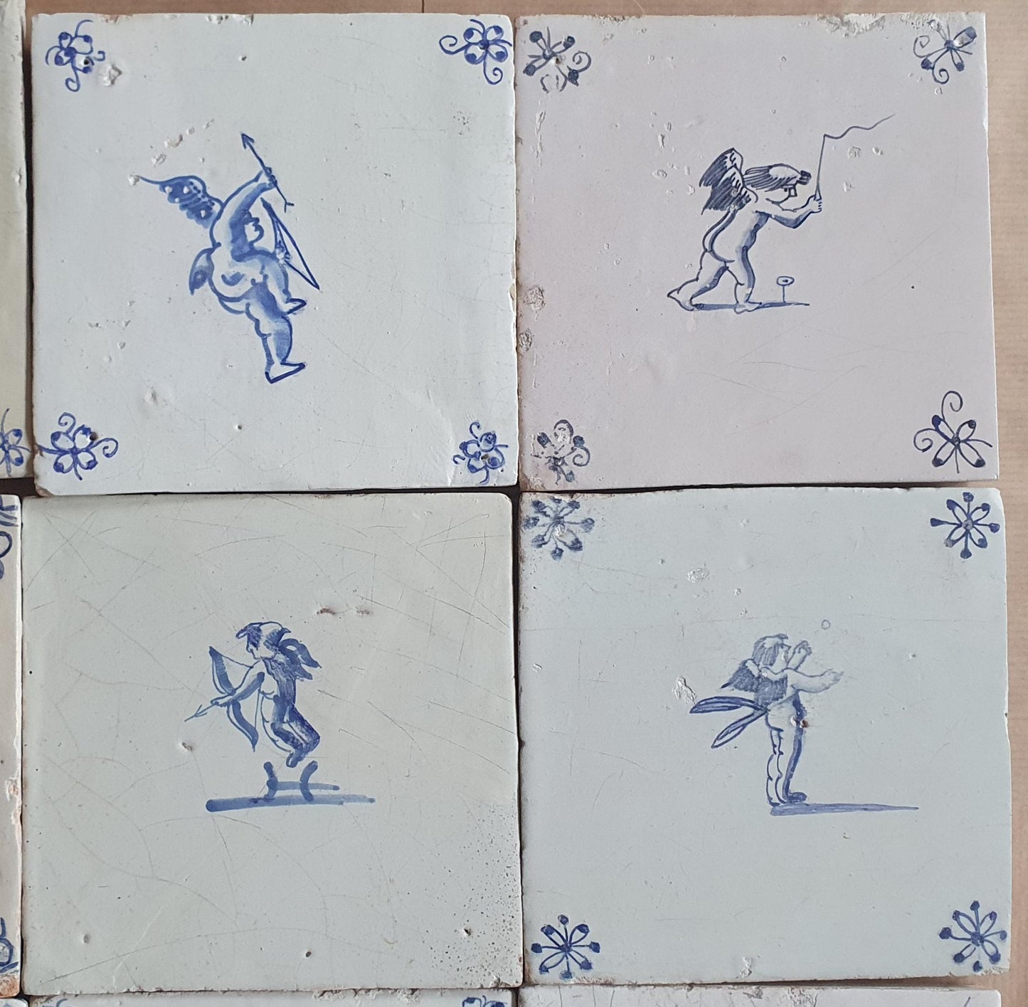 Antique Delft Tiles - 1660 Cupid Design, Holland, Set of 9
