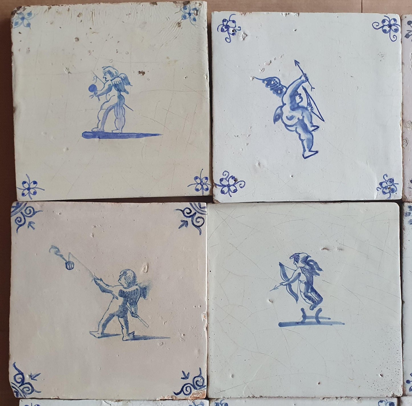 Antique Delft Tiles - 1660 Cupid Design, Holland, Set of 9