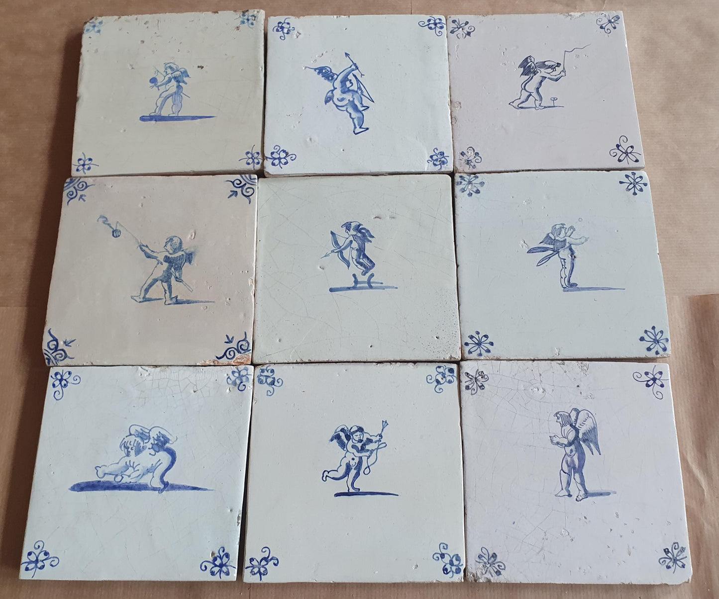 Antique Delft Tiles - 1660 Cupid Design, Holland, Set of 9