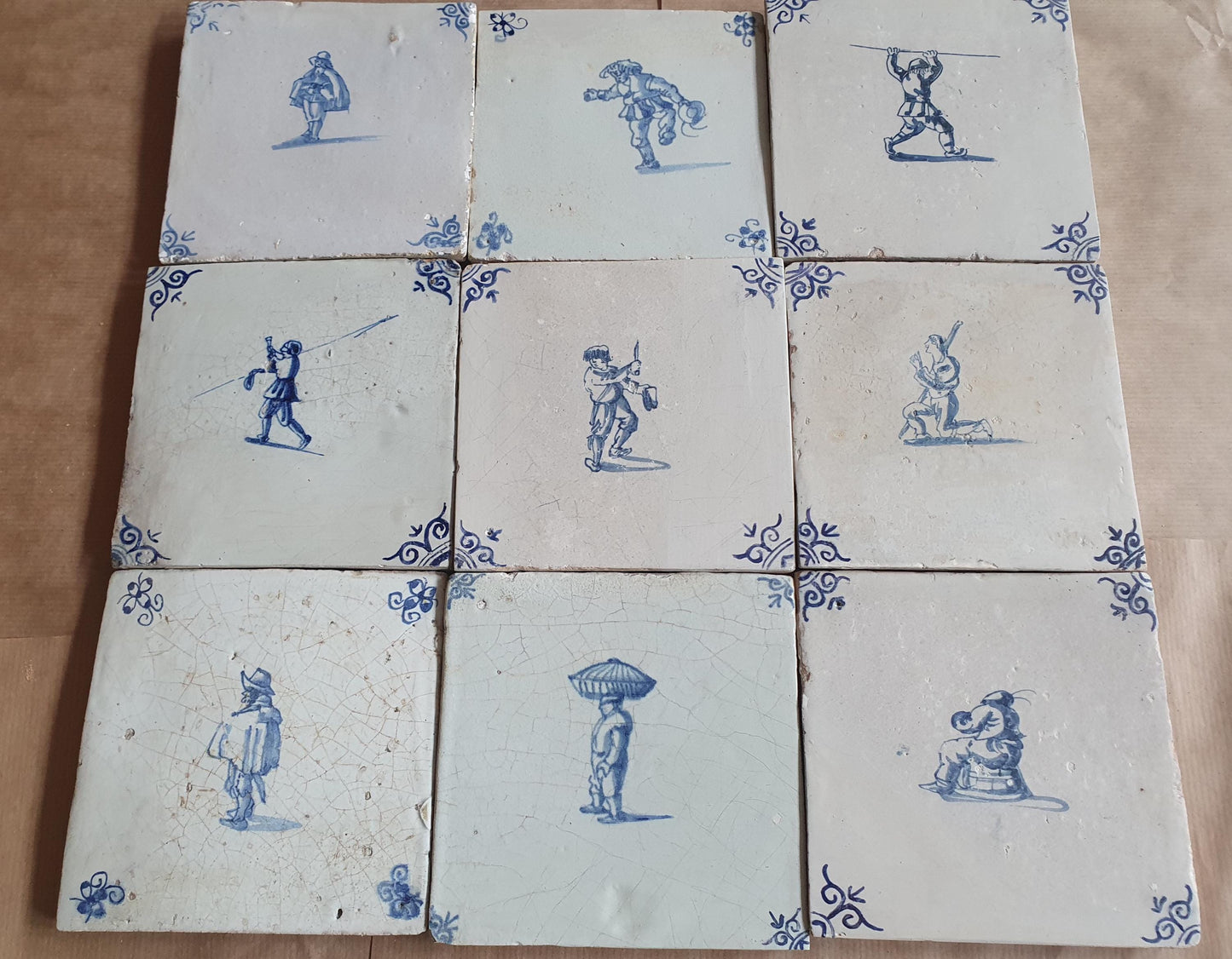 Antique Delft Tiles - 1660 figures Design, Holland, Set of 9