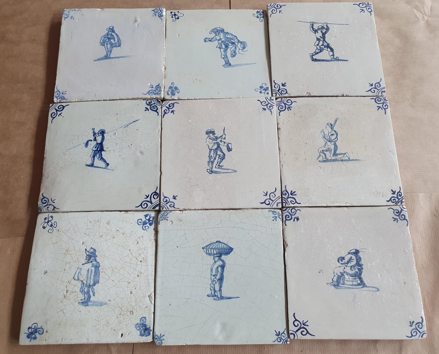 Antique Delft Tiles - 1660 figures Design, Holland, Set of 9