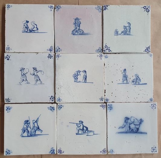 Antique Delft Tiles -  Children games Design, Holland, Set of 9