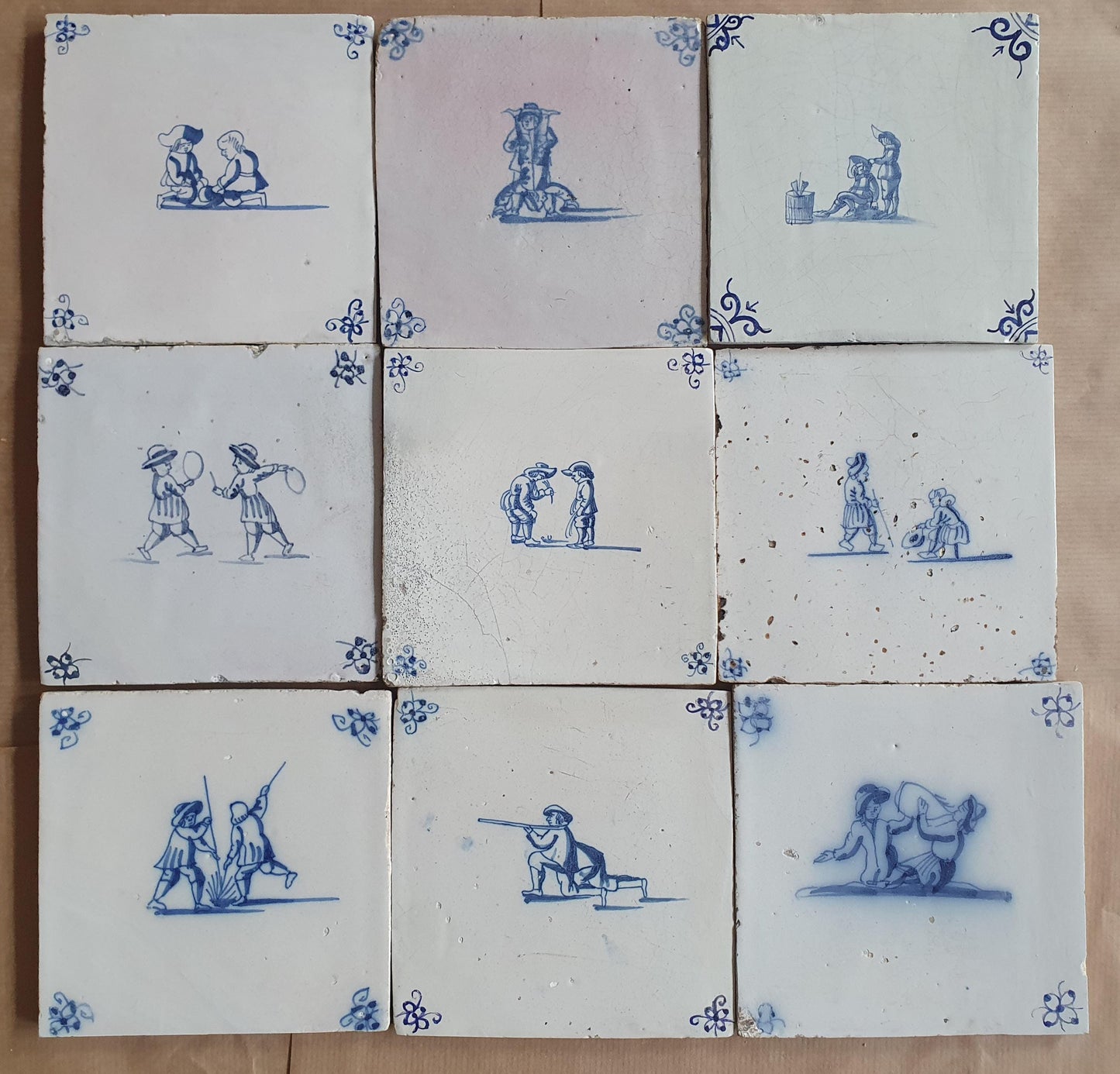 Antique Delft Tiles -  Children games Design, Holland, Set of 9