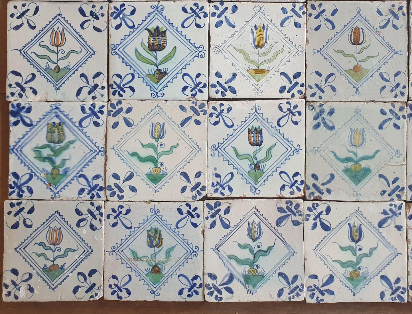 35 x Dutch Delft Blue Tilefield, Tulip squared, 17th century, antique collectable and backsplash fireplace kitchen tiles, Set of 35.