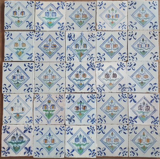 25 x Dutch Delft Blue Tilefield, Fritillary squared planttile , 17th century, tilepanel  antique collectable and backsplash fireplace kitchen tiles, Set of 25.
