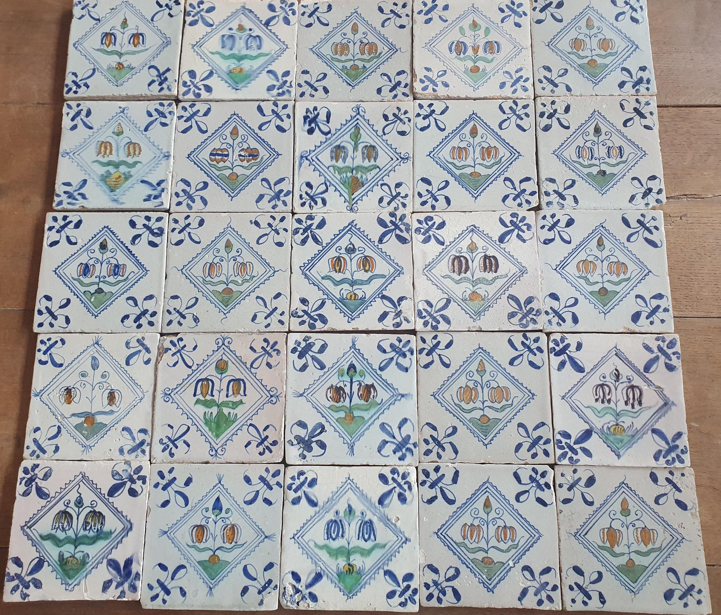 25 x Dutch Delft Blue Tilefield, Fritillary squared planttile , 17th century, tilepanel  antique collectable and backsplash fireplace kitchen tiles, Set of 25.