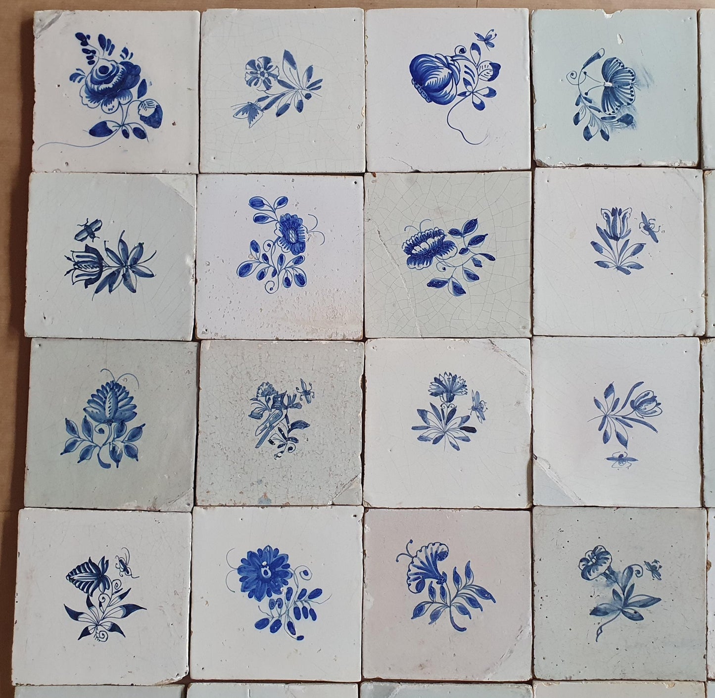 30 Antique Delft Tiles, 18th-19th Century, Floral Blue, 5.1x5.1 inch