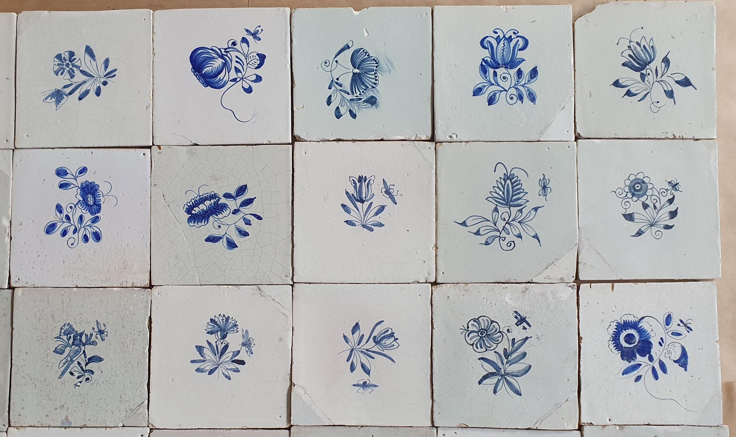 30 Antique Delft Tiles, 18th-19th Century, Floral Blue, 5.1x5.1 inch