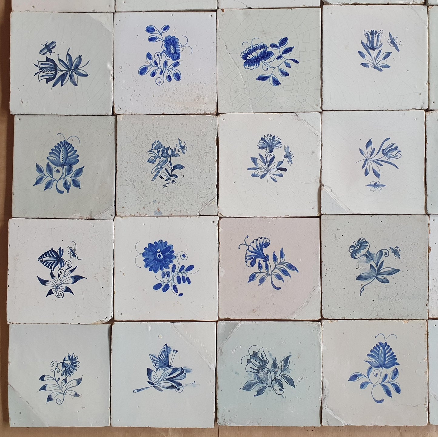 30 Antique Delft Tiles, 18th-19th Century, Floral Blue, 5.1x5.1 inch