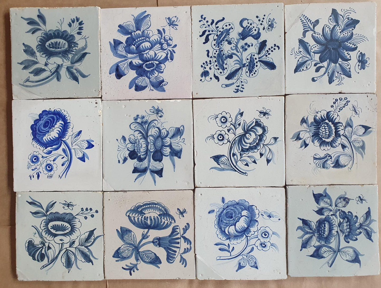 12 Antique Delft Tiles, 18th-19th Century, Floral Blue, 5.1x5.1 inch