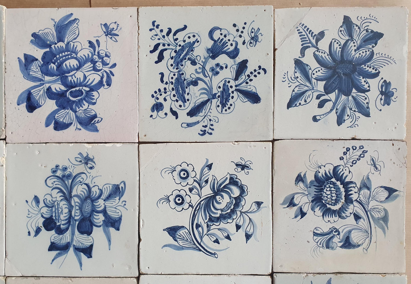 12 Antique Delft Tiles, 18th-19th Century, Floral Blue, 5.1x5.1 inch