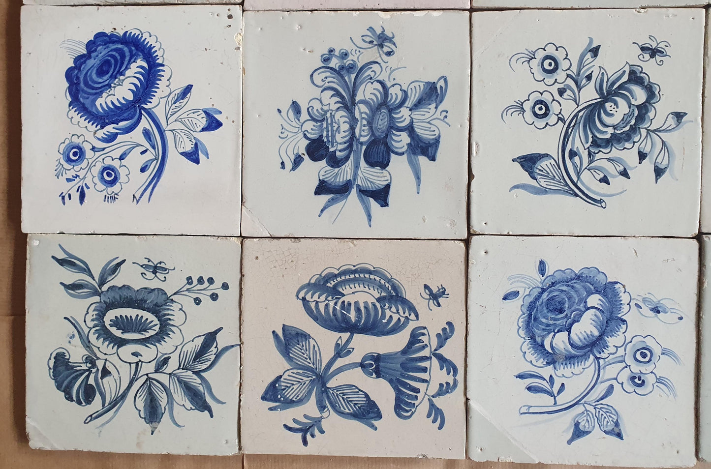 12 Antique Delft Tiles, 18th-19th Century, Floral Blue, 5.1x5.1 inch