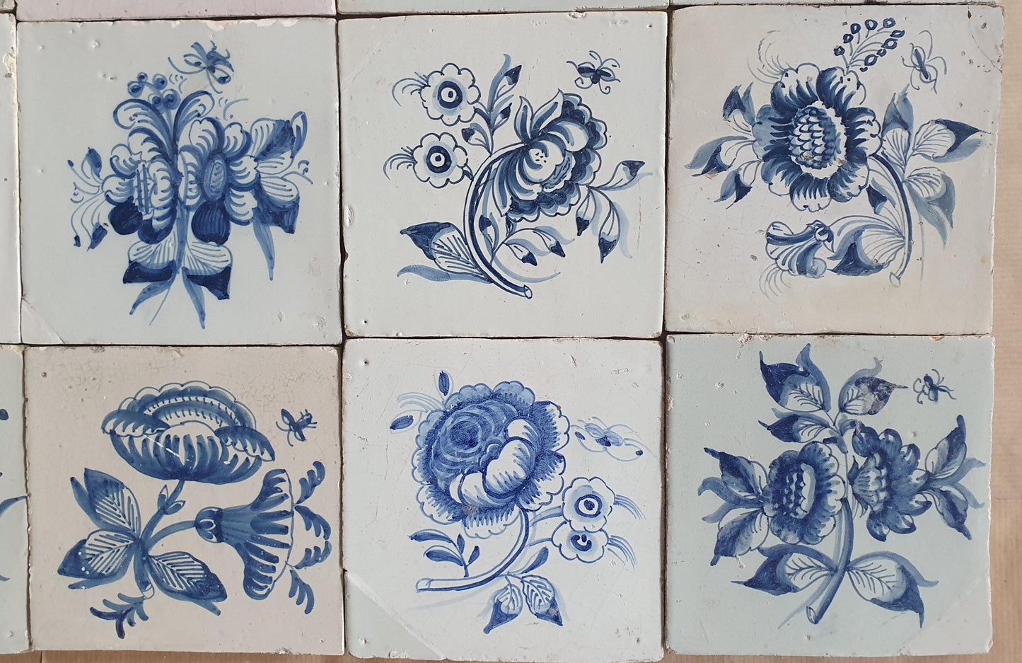 12 Antique Delft Tiles, 18th-19th Century, Floral Blue, 5.1x5.1 inch