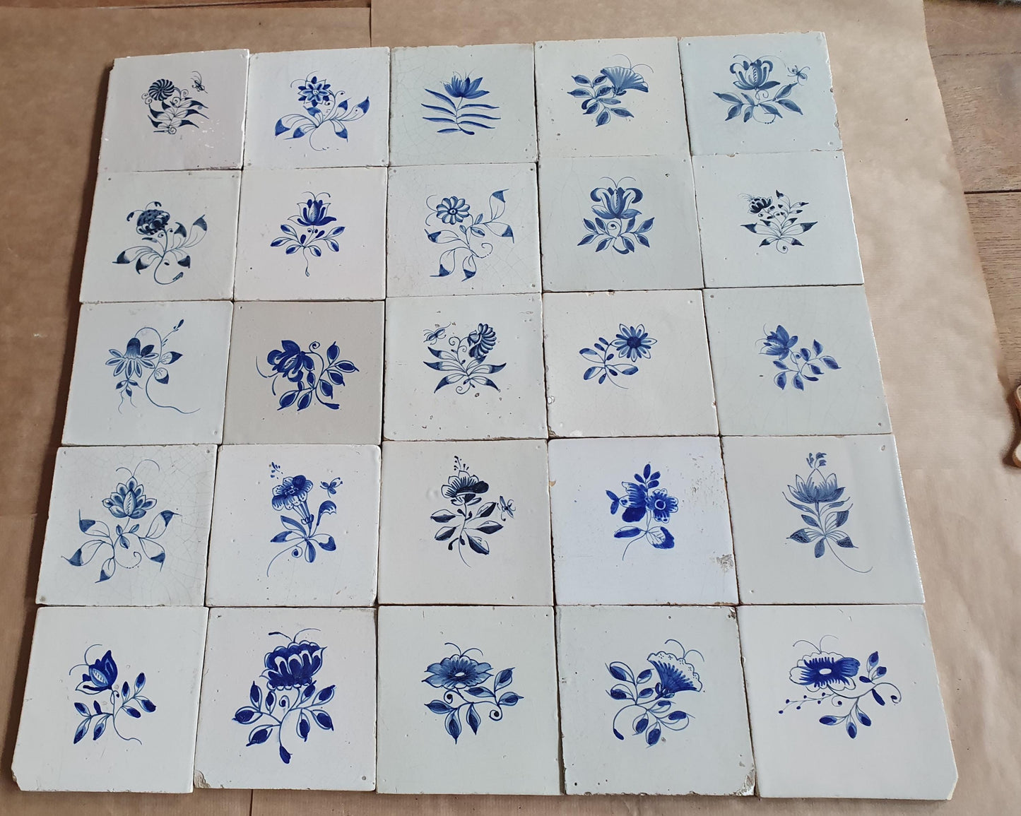 25 Antique Delft Tiles, 18th-19th Century, Floral Blue, 5.1x5.1 inch