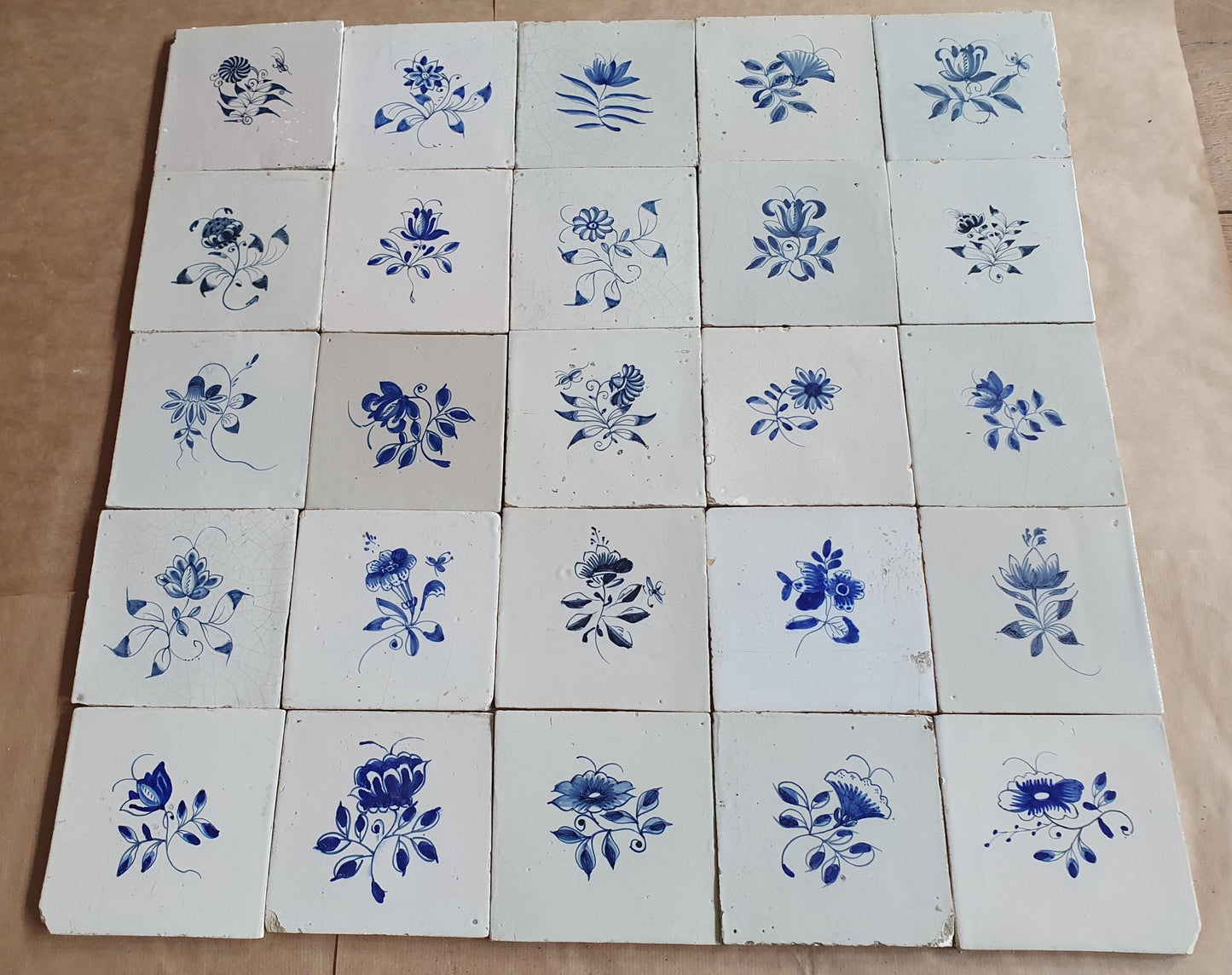 25 Antique Delft Tiles, 18th-19th Century, Floral Blue, 5.1x5.1 inch
