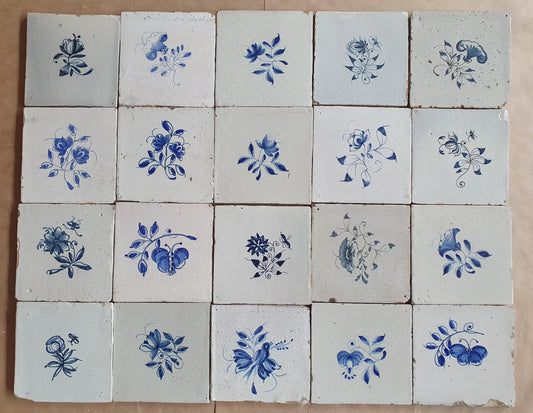 25 Antique Delft Tiles, 18th-19th Century, Floral Blue, 5.1x5.1 inch