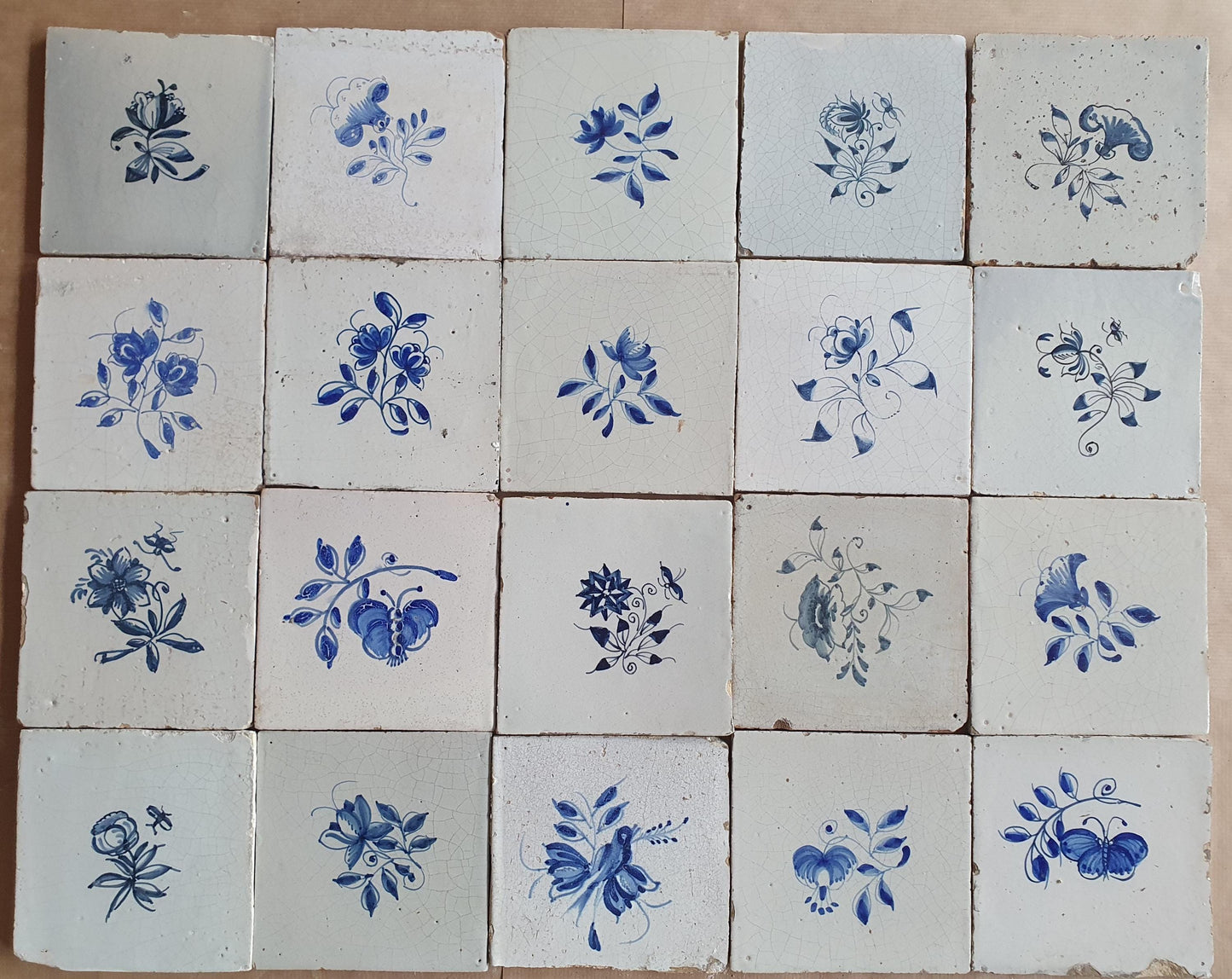 20 Antique Delft Tiles, 18th-19th Century, Floral Blue, 5.1x5.1 inch